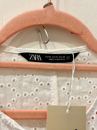 Zara Eyelet Peplum Blouse & Flat Front Shorts Set White Women's Top M / Bottom S