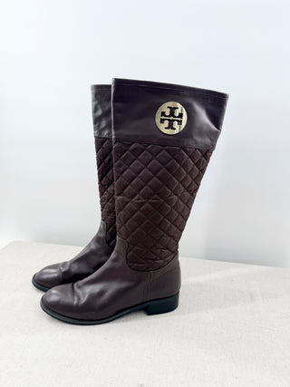 Tory Burch Melinda Quilted Metal Logo Medallion Riding Boots Brown Womens EU 41