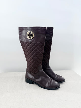 Tory Burch Melinda Quilted Metal Logo Medallion Riding Boots Brown Womens EU 41