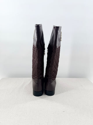 Tory Burch Melinda Quilted Metal Logo Medallion Riding Boots Brown Womens EU 41