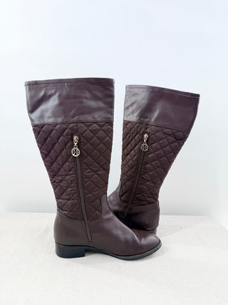Tory Burch Melinda Quilted Metal Logo Medallion Riding Boots Brown Womens EU 41