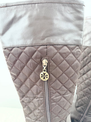 Tory Burch Melinda Quilted Metal Logo Medallion Riding Boots Brown Womens EU 41