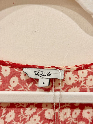 Rails Kiki Floral Short Sleeve V-Neck Tiered Sundress Scarlet Camellia Women's L