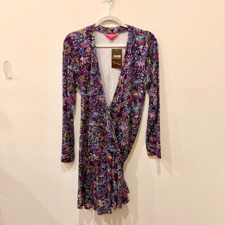 Lilly Pulitzer 3/4 Sleeve Jersey Surplice Wrap Mini Dress Purple/Blue Women's L