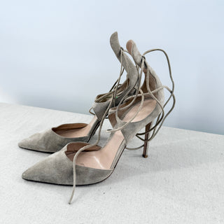Gianvito Rossi Suede Lace Up Pointy Toe Stilettos Pumps Beige Women's Size EU 40