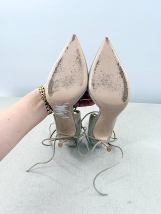 Gianvito Rossi Suede Lace Up Pointy Toe Stilettos Pumps Beige Women's Size EU 40