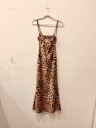 Zara Leopard Print Sleeveless Cami Strap Open Back Midi Slip Dress Brown/Black S