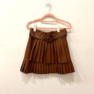 Zara Faux Leather High Waisted Belted Pleated Mini Skirt Brown Women's Size M