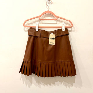 Zara Faux Leather High Waisted Belted Pleated Mini Skirt Brown Women's Size M