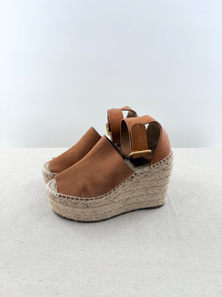 Chloe suede and leather platform raffia wedge sandals, 35