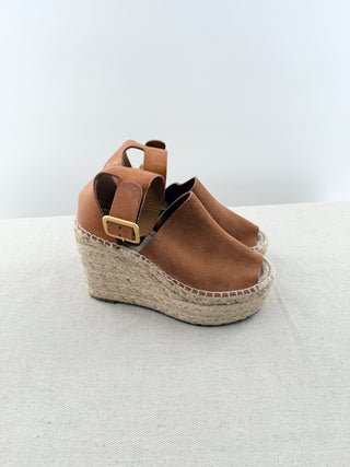Chloe suede and leather platform raffia wedge sandals, 35
