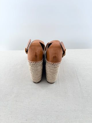 Chloe suede and leather platform raffia wedge sandals, 35