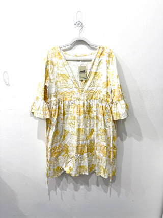 Susan Albright Bell Sleeve Printed Mini Dress Yellow / White Women's Size Large