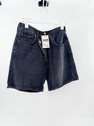 Agolde High-waisted denim shorts featuring an asymmetrical wrap-style front with an off-center button closure, 26