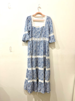 Pink City Prints Celine Lace Trim Tiered Floral Maxi Dress Blue Women's Size XL
