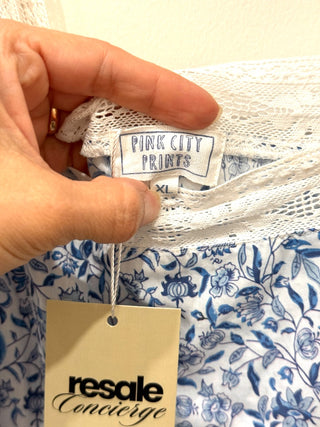 Pink City Prints Celine Lace Trim Tiered Floral Maxi Dress Blue Women's Size XL