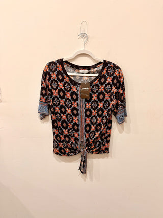 Sandro Short Sleeved Navy Blue orange leaf-pattern multicolor Shirt, M