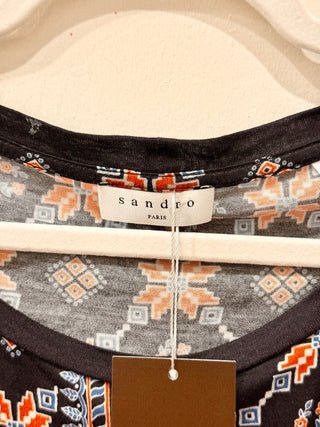 Sandro Lamaar Leaf Print Short Sleeve Round Neck Tie-Front Top Blue Multi Size M