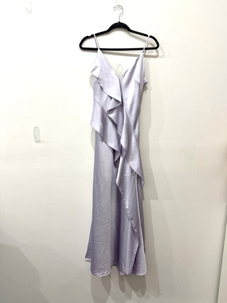 Gianni Bini Quinn Ruffle Draped V-Neck Satin Maxi Dress Lilac Women's Size 10