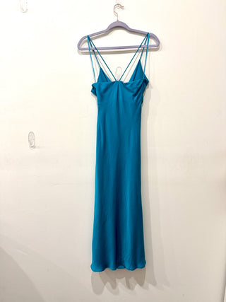 Zara Sleeveless Asymmetric Cut-Out Satin Effect Midi Dress Blue Women's Size XS