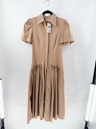 alexis short-sleeve midi dress featuring classic pointed collar and hidden button-front placket fitted through the bodice with defined waist seam and gently pleated skirt, XS