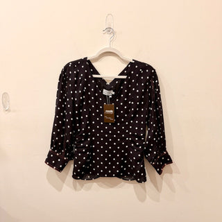 Tanya Taylor 100% Silk Polka Dots 3/4 Sleeve Shirt Navy Blue White Womens Size 6