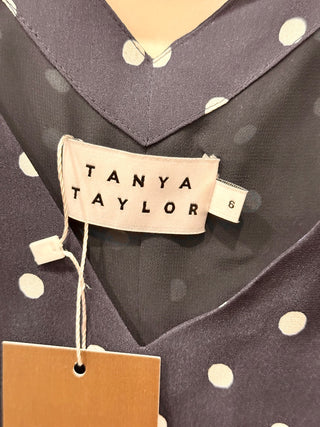 Tanya Taylor 100% Silk Polka Dots 3/4 Sleeve Shirt Navy Blue White Womens Size 6