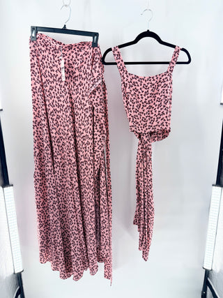 Alexis Two-piece set featuring sleeveless, square-neck crop top with wide straps and flowy, high-waisted long skirt, XS