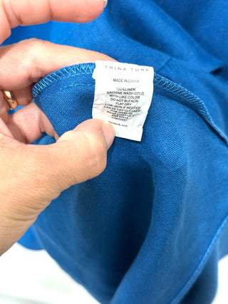 Trina Turk Out Of Office 100% Linen Drop Waist Mini Dress Blue Womens Size Large