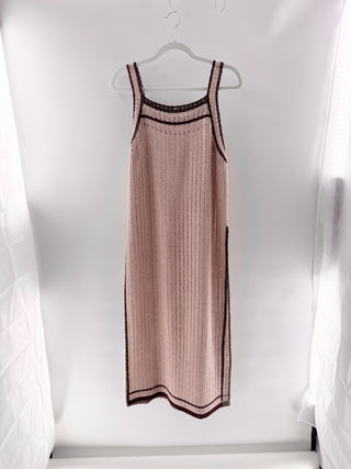 Stefanel open knit sleeveless midi dress with dark brown contrast trim, M