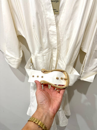 Acler Bastor Cotton Gold Belted Cuffed Sleeve Mini Dress Ivory Women's Size 8
