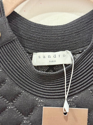 Sandro Many Quilted Lurex Knit A-Line Mini Dress w/ Gold Buttons Black Women's S