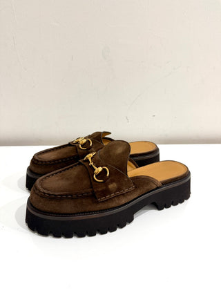 NWB Gucci Suede Horsebit Platform Mules Sandals Washed Brown Women's Size 39.5