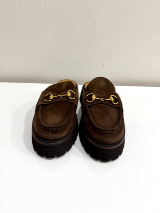 NWB Gucci Suede Horsebit Platform Mules Sandals Washed Brown Women's Size 39.5