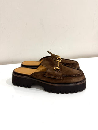 NWB Gucci Suede Horsebit Platform Mules Sandals Washed Brown Women's Size 39.5