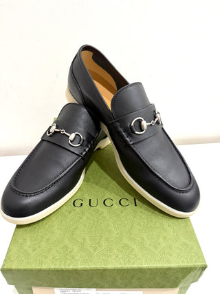 Gucci Konrad Silver Horsebit Leather Almond Toe Loafer Shoes Black Men's Size 11