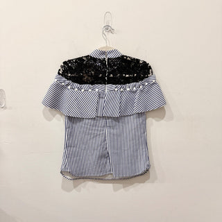 Self-Portrait Stripe Frill Blouse with Contrast Floral Guipure Lace Navy/Black 4