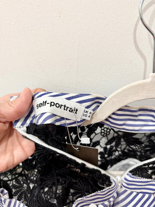 Self-Portrait Stripe Frill Blouse with Contrast Floral Guipure Lace Navy/Black 4