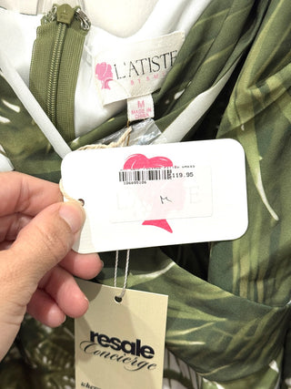NWT L'atiste Botanical Leaf Fitted Mini Dress Olive White Women's Size Medium