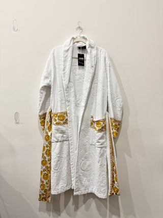 NWOT Versace I Heart Baroque Logo Jacquard Terry Bathrobe White/Gold Women's L