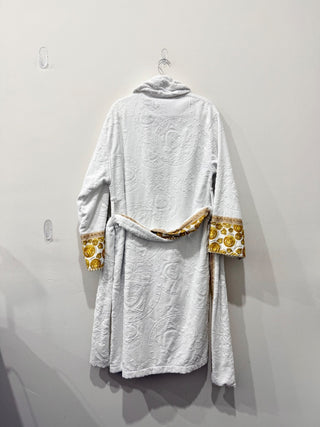 NWOT Versace I Heart Baroque Logo Jacquard Terry Bathrobe White/Gold Women's L