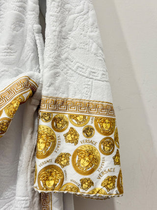 NWOT Versace I Heart Baroque Logo Jacquard Terry Bathrobe White/Gold Women's L