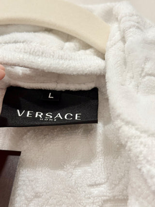 NWOT Versace I Heart Baroque Logo Jacquard Terry Bathrobe White/Gold Women's L