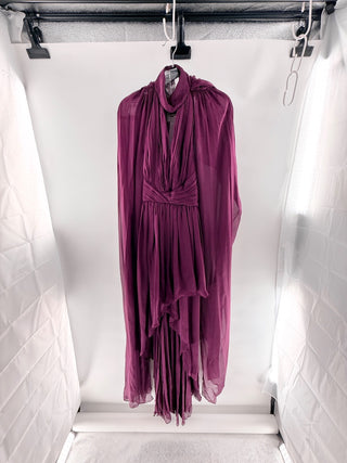 n.a. Draped gown with scarf neckline, gathered plunging bodice, ruched waist & flowing cape sleeves, m