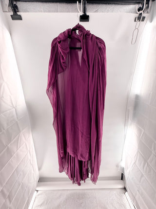 n.a. Draped gown with scarf neckline, gathered plunging bodice, ruched waist & flowing cape sleeves, m