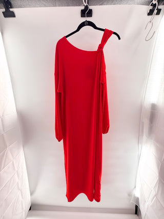 n.a. off the shoulder draped maxi dress with knotted strap detail and asymmetric neckline, M
