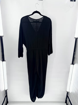 Enza Costa Gauze Cotton 3/4 Sleeve V-Neck Jumpsuit Black Women's Size  2 / M