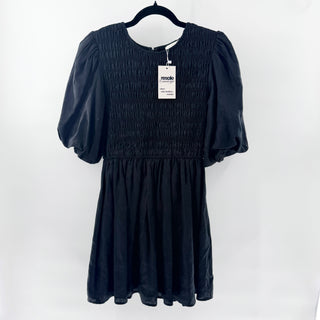 Dissh 100% Linen Puff Sleeve Shirred Babydoll Mini Dress Black Women's Size 6