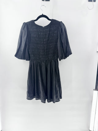Dissh 100% Linen Puff Sleeve Shirred Babydoll Mini Dress Black Women's Size 6