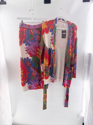 etro multicolor floral paisley silk linen knit cardigan & midi skirt, 42 / 40